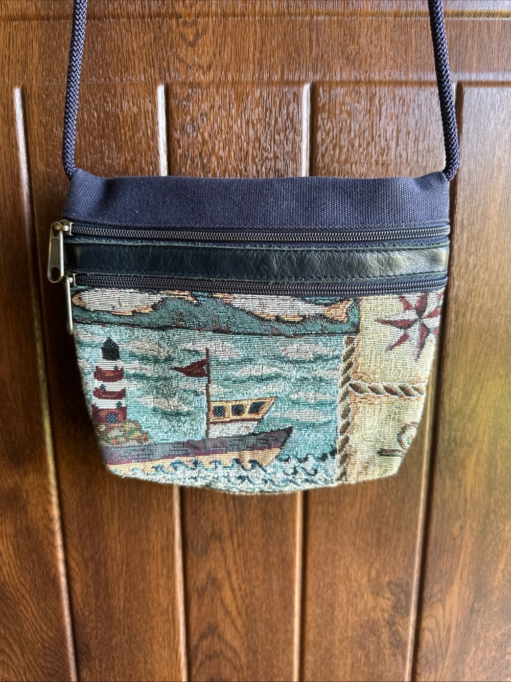 VTG My Maine Bag Tapestry Crossbody Purse Lighthouse Sailboat Double Zip 80s